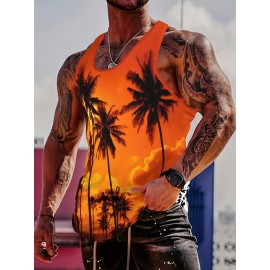 Sunset Coconut Tree Print Casual Slightly Stretch Round Neck Tank Top, Men's Tank Top For Summer Outdoor Gym Workout Bodybuilding Fitness