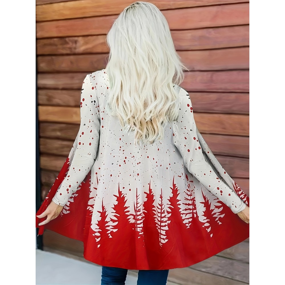 Plus Size Christmas Coat, Women's Plus Christmas Tree Print Long Sleeve Open Front Slight Stretch Cardigan Coat