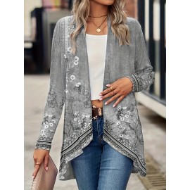 Plus Size Floral Cardigan - Chic Asymmetric Hem, Casual Stretch Coat, Perfect for Spring to Fall