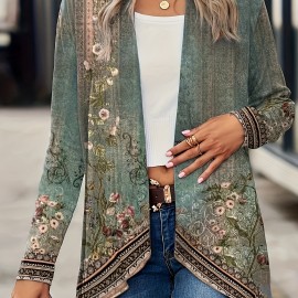 Plus Size Floral Cardigan - Chic Asymmetric Hem, Casual Stretch Coat, Perfect for Spring to Fall