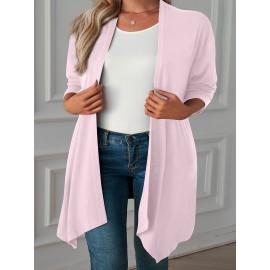 Plus Size Casual Coat, Women's Plus Solid Long Sleeve Open Front Asymmetric Hem Medium Stretch Cardigan Overcoat