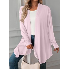 Plus Size Casual Coat, Women's Plus Solid Long Sleeve Open Front Asymmetric Hem Medium Stretch Cardigan Overcoat