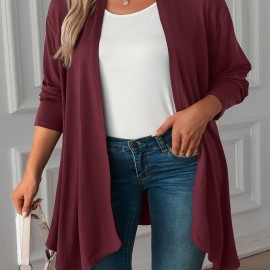 Plus Size Casual Coat, Women's Plus Solid Long Sleeve Open Front Asymmetric Hem Medium Stretch Cardigan Overcoat