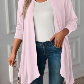 Plus Size Casual Coat, Women's Plus Solid Long Sleeve Open Front Asymmetric Hem Medium Stretch Cardigan Overcoat