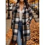 Plus Size Casual Coat, Women's Plus Plaid Print Long Sleeve Button Up Lapel Collar Longline Coat