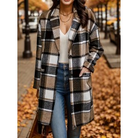 Plus Size Casual Coat, Women's Plus Plaid Print Long Sleeve Button Up Lapel Collar Longline Coat