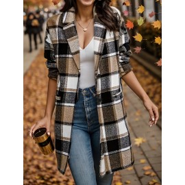 Plus Size Casual Coat, Women's Plus Plaid Print Long Sleeve Button Up Lapel Collar Longline Coat