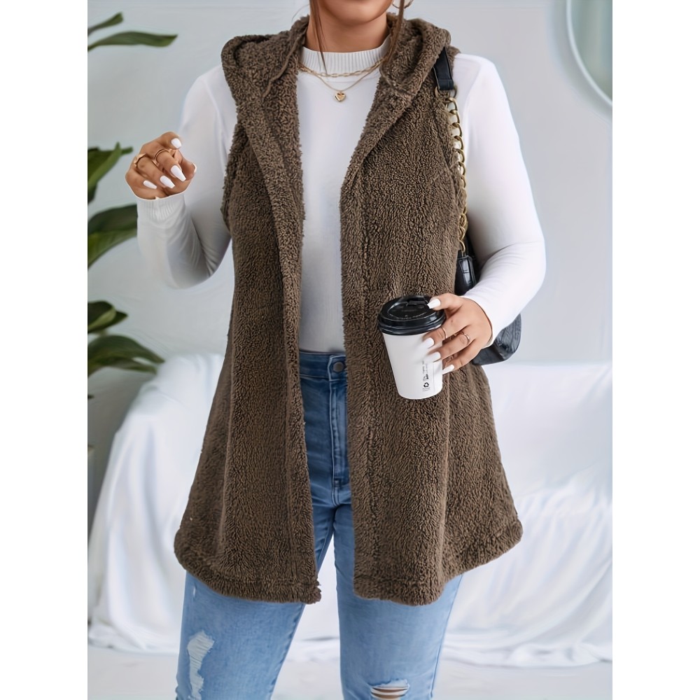 Plus Size Casual Faux Fur Coat, Women's Plus Solid Teddy Fleece Hoodie Open Front Tunic Vest Coat