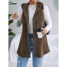 Plus Size Casual Faux Fur Coat, Women's Plus Solid Teddy Fleece Hoodie Open Front Tunic Vest Coat