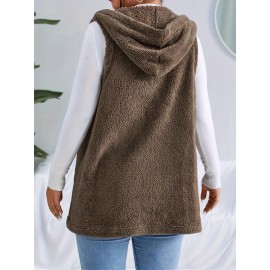 Plus Size Casual Faux Fur Coat, Women's Plus Solid Teddy Fleece Hoodie Open Front Tunic Vest Coat