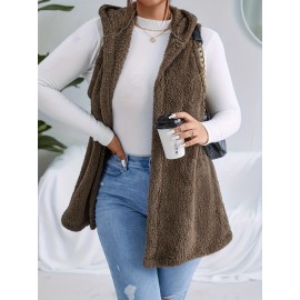 Plus Size Casual Faux Fur Coat, Women's Plus Solid Teddy Fleece Hoodie Open Front Tunic Vest Coat