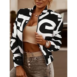 Plus Size Casual Coat, Women's Plus Graffiti Print Long Sleeve Zip Up Bomber Jacket