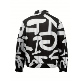 Plus Size Casual Coat, Women's Plus Graffiti Print Long Sleeve Zip Up Bomber Jacket