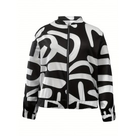 Plus Size Casual Coat, Women's Plus Graffiti Print Long Sleeve Zip Up Bomber Jacket