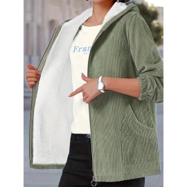 Plus Size Casual Coat, Women's Plus Solid Liner Fleece Corduroy Zipper Long Sleeve Hooded Coat With Pockets