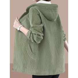 Plus Size Casual Coat, Women's Plus Solid Liner Fleece Corduroy Zipper Long Sleeve Hooded Coat With Pockets