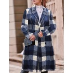 Plus Size Casual Trench Coat, Women's Plus Plaid Print Double Breasted Long Sleeve Lapel Collar Long Trench Coat