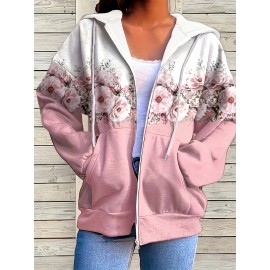 Plus Size Casual Coat, Women's Plus Ombre Floral Print Hooded Drawstring Long Sleeve Zip Up Medium Stretch Coat With Kangaroo Pockets