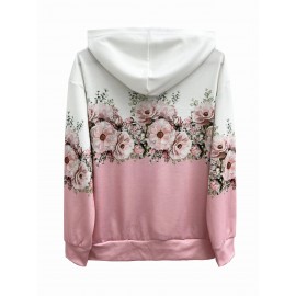 Plus Size Casual Coat, Women's Plus Ombre Floral Print Hooded Drawstring Long Sleeve Zip Up Medium Stretch Coat With Kangaroo Pockets