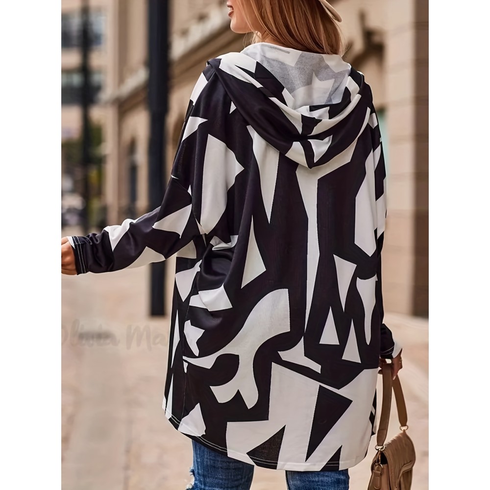 Plus Size Casual Coat, Women's Plus Colorblock Geometric Print Long Sleeve Hooded Cardigan