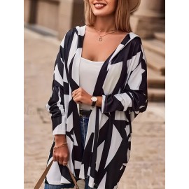 Plus Size Casual Coat, Women's Plus Colorblock Geometric Print Long Sleeve Hooded Cardigan