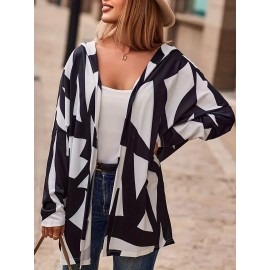 Plus Size Casual Coat, Women's Plus Colorblock Geometric Print Long Sleeve Hooded Cardigan