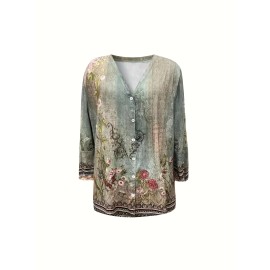 Plus Size Elegant Coat, Women's Plus Floral Print Button Up Bell Sleeve V Neck Medium Stretch Coat