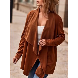 Plus Size Street Style Coat, Women's Plus Solid Long Sleeve Open Front Waterfall Collar Cardigan Coat