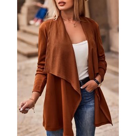 Plus Size Street Style Coat, Women's Plus Solid Long Sleeve Open Front Waterfall Collar Cardigan Coat