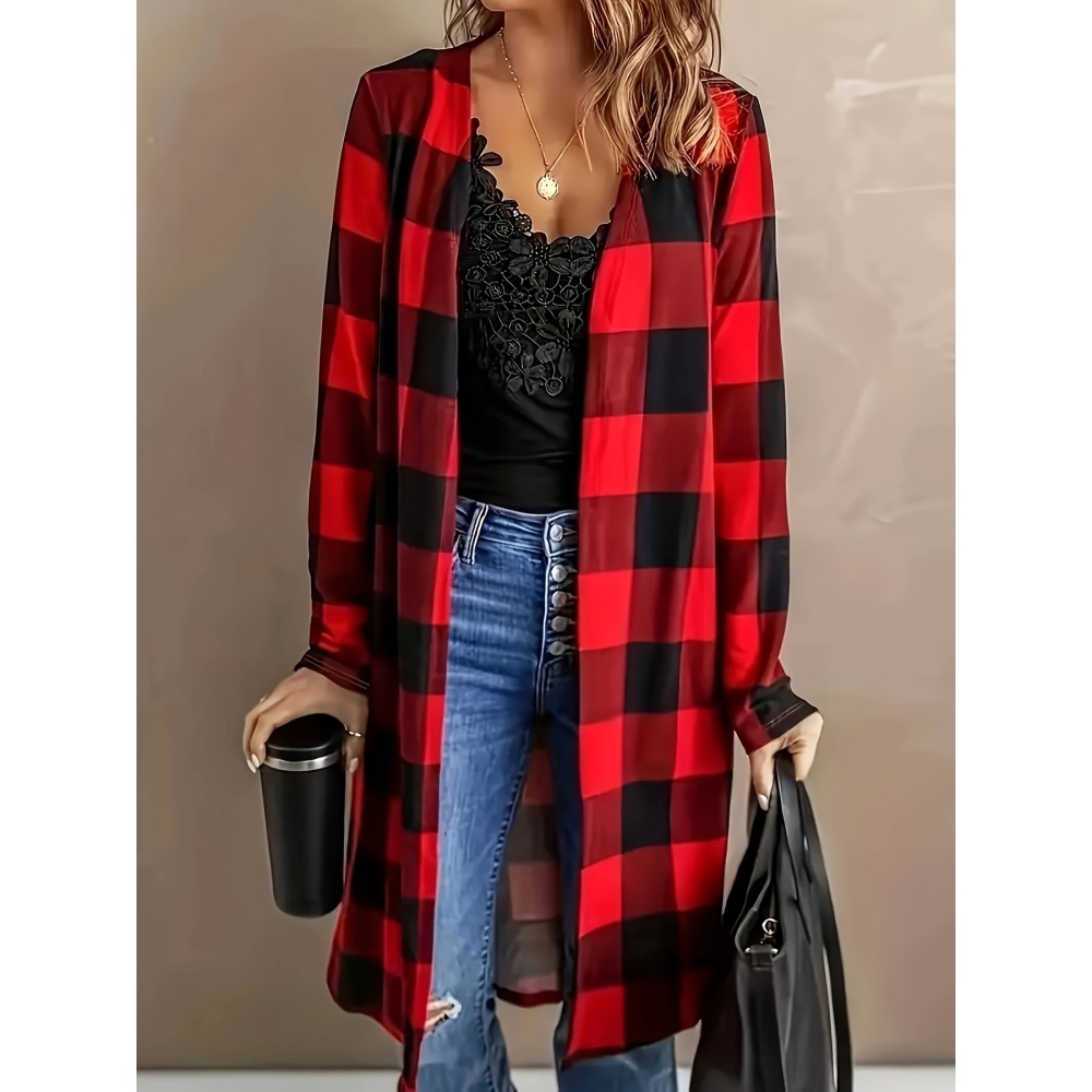 Plus Size Plaid Print Open Front Coat, Casual Long Sleeve Top For Spring & Fall, Women's Plus Size Clothing