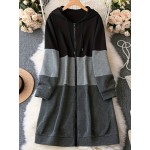 Plus Size Casual Sweatshirt, Women's Plus Colorblock Long Sleeve Zipper Front Slight Stretch Hoodie