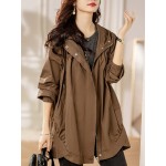 Plus Size Solid Hooded Trench Coat, Casual Zip Up Long Sleeve Coat, Women's Plus Size Clothing