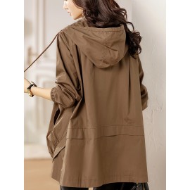 Plus Size Solid Hooded Trench Coat, Casual Zip Up Long Sleeve Coat, Women's Plus Size Clothing