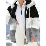 Plus Size Elegant Coat, Women's Plus Colorblock Fuzzy Fleece Long Sleeve Hooded Drawstring Zip Up Overcoat