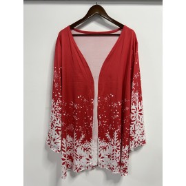 Plus Size Casual Coat, Women's Plus Snowflake Print Long Sleeve Open Front Cardigan