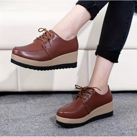 Women's Casual Wedge Oxfords, Round Toe Lace Up Platform Shoes, All-Match Low Top Outdoor Shoes