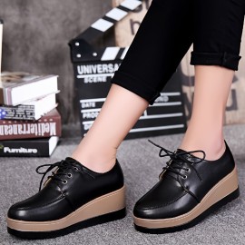 Women's Casual Wedge Oxfords, Round Toe Lace Up Platform Shoes, All-Match Low Top Outdoor Shoes