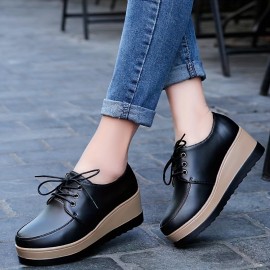 Women's Casual Wedge Oxfords, Round Toe Lace Up Platform Shoes, All-Match Low Top Outdoor Shoes