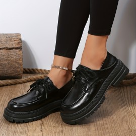 Women's Solid Color Oxford Shoes, Lace Up Comfy Soft Sole Platform Loafers, Minimalist Low-top Preppy Shoes