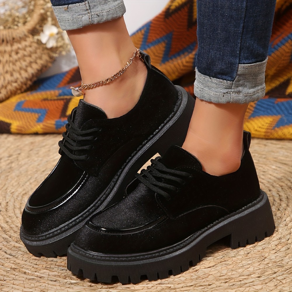 Women's All-Season Platform Oxfords - Chic Lace-Up Casual Shoes, Solid Color, Faux Leather, Comfortable Round Toe Design