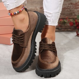 Women's All-Season Platform Oxfords - Chic Lace-Up Casual Shoes, Solid Color, Faux Leather, Comfortable Round Toe Design