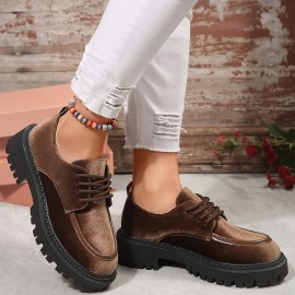 Women's All-Season Platform Oxfords - Chic Lace-Up Casual Shoes, Solid Color, Faux Leather, Comfortable Round Toe Design