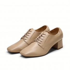 Women's Retro Lace Up Oxford Shoes, Solid Color Square Toe Chunky Low Heels, All-Match Pumps For Formal Occasions