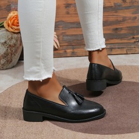 Women's Tassel Decor Brogue Shoes, Retro Solid Color Chunky Low Heeled Oxfords, Casual Slip On Shoes