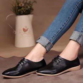 Women's Solid Color Flat Oxfords, Comfortable Pointed Toe Lace Up Shoes, All-match Commuter Office Work Shoes