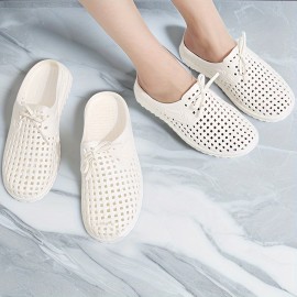 Women's Hollow Out Bowknot Flat Mules, Solid Color Closed Toe Slip On Anti-skid EVA Slides Shoes, Indoor & Outdoor Slippers