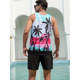 Coconut Tree Print, Men's Tanktop, Casual Loose Sleeveless Shirt For Summer Holiday