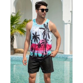 Coconut Tree Print, Men's Tanktop, Casual Loose Sleeveless Shirt For Summer Holiday