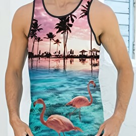 Coconut Tree Print, Men's Tanktop, Casual Loose Sleeveless Shirt For Summer Holiday