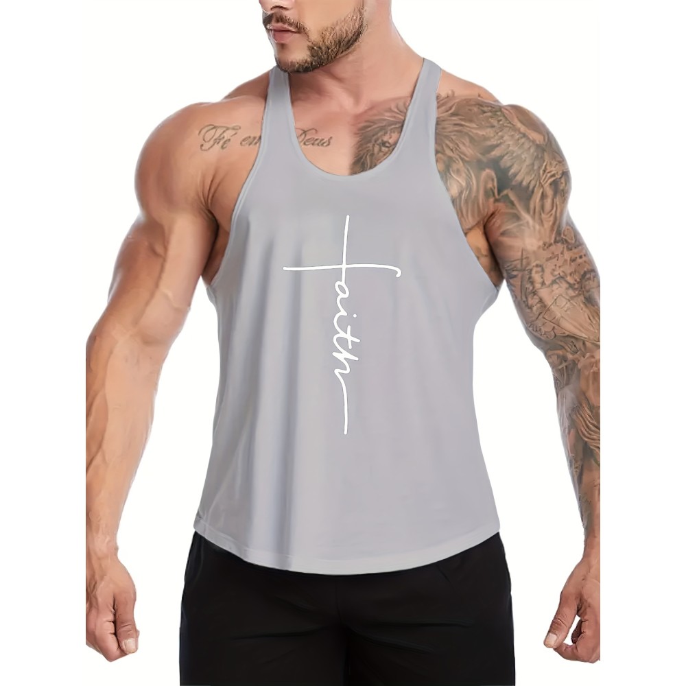 Faith Letter Print Summer Men's Quick Dry Moisture-Wicking Breathable Tank Tops, Athletic Gym Bodybuilding Sports Sleeveless Shirts, For Running Training, Men's Clothing